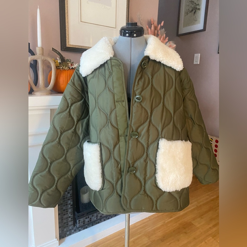 Mackage Khaki Quilted Puffer with Cream Accents